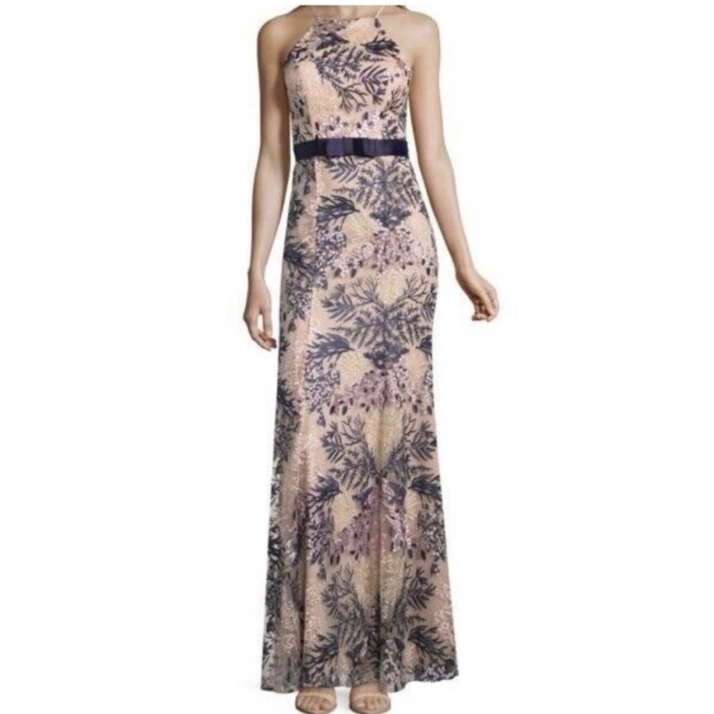 City Triangles high neck mermaid embroidered chiffon maxi gown floral size 0